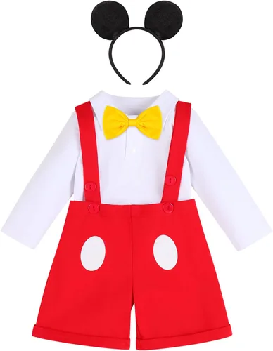 Vista 4 de IBTOM CASTLE Conjunto de caballero para primer cumpleaños para bebé, niño, traje formal con pajarita, babero, pantalones, orejas, conjunto