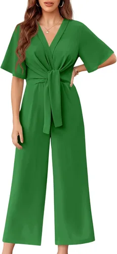 Vista 15 de GAMISOTE Enterizo de pierna ancha para mujer, manga corta, nudo frontal, overol largo de verano Beige