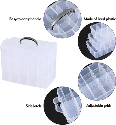 Vista 7 de Caja de almacenamiento apilable de plástico con 30 compartimentos ajustables, 3 niveles, organizadores de manualidades apilables transparentes