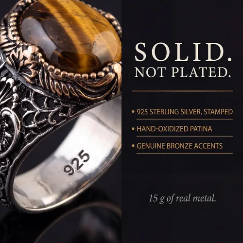 Vista 5 de KAR Anillo de ojo de tigre natural para hombre de plata de ley 925K estampado I1B