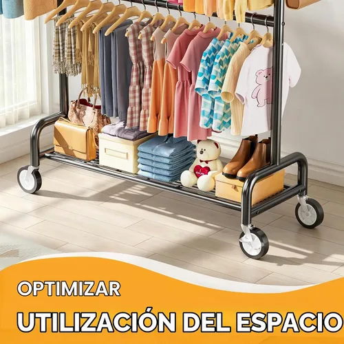 Vista 4 de Perchero de ropa resistente con carga de 860 libras, estantes de ropa rodantes de doble barra para colgar ropa, estante de ropa rodante con estantes
