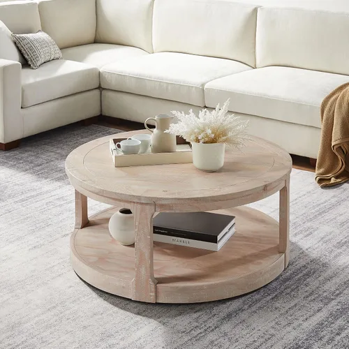 Vista 3 de Mesa de centro redonda de madera de 40 pulgadas, mesas circulares con ruedas para sala de estar, estilo rústico retro moderno de 2 niveles, mesas
