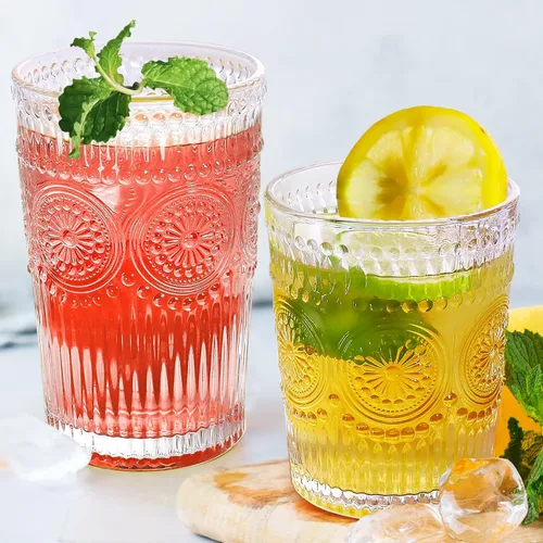 Vista 9 de Loivttvv Juego de 12 vasos vintage para beber, vasos highball de 12 oz y vasos de cristalería acanalados en relieve de 9 oz para cóctel de Acción