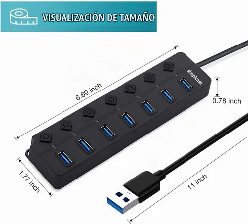 Vista 7 de Hub USB 3.0 de 7 puertos con interruptores de alimentación individuales y luces LED, divisor de concentrador de datos de alta velocidad