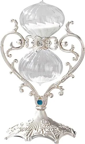Vista 7 de Reloj de arena con temporizador de arena decorativo, reloj de arena blanca giratorio de 360° de metal de 30 minutos, decoración antigua de cristal