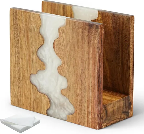 Vista 10 de Servilletero artístico, madera de acacia y resina epoxi azul con patrón de ondas oceánicas, base antideslizante gruesa para encimera de cocina