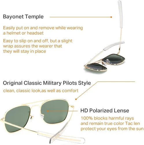 Vista 6 de Mens Aviator Sunglasses Polarized 55mm Pilot Military Square Shades with Bayonet Temples