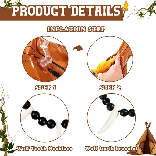 Vista 4 de 4 Pcs Womens Costume Jungle Necklace Tooth Bone Bracelet Inflatable Cave Bat Prehistoric Caveman Accessories for Halloween