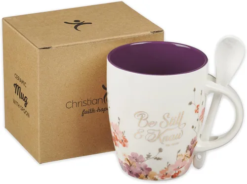 Vista 7 de Taza de café y té con escritura de Christian Art Gifts con juego de cucharas de cerámica para mujeres: Be Still and Know - Salmo 46:10 Mensaje