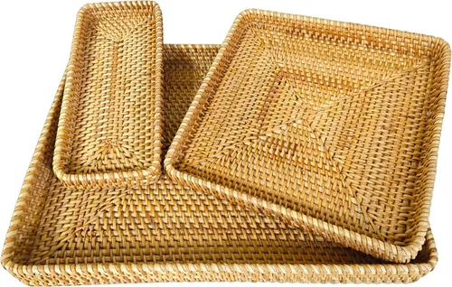 Vista 9 de i-lan Juego de 3 bandejas rectangulares de ratán y nácar azul de 15 pulgadas, bandejas tejidas de ratán natural, rectangulares bohemias, cestas