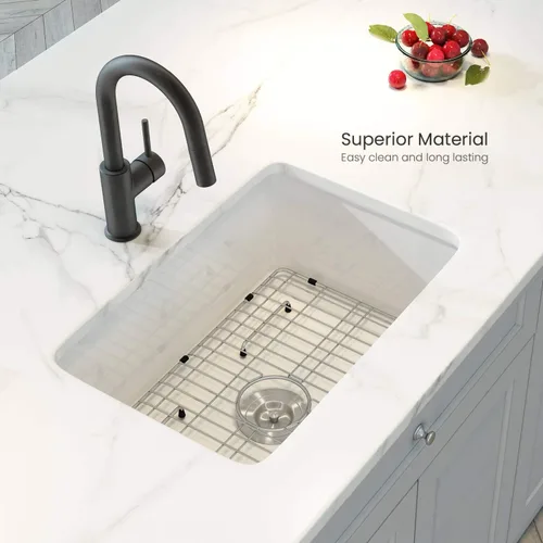 Vista 7 de KIBI Fregadero de cocina de arcilla refractaria de 27 pulgadas, cuenco individual con rejilla inferior y colador, fregadero esmaltado resistente al