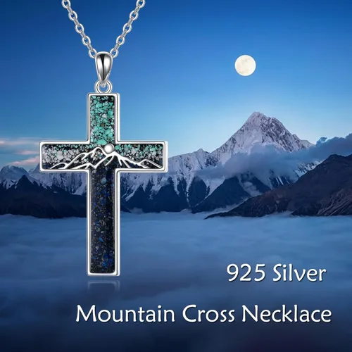 Vista 6 de YFN Collar de cruz de plata de ley, colgante de montaña y océano, joyería religiosa, regalos para mujeres y hombres