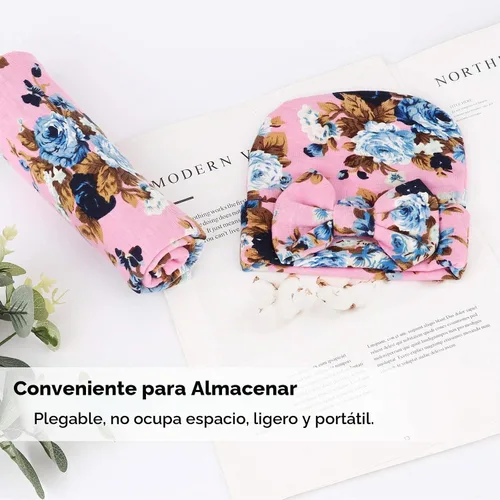 Vista 4 de DRESHOW BQUBO Manta de Recepción para Recién Nacido con Conjunto de Gorro con Lazo Estampado de Flores Manta Envolvente para Bebé con Gorro
