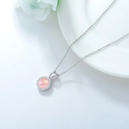 Vista 7 de Collar de ópalo para mujer, collar con colgante de piedra de ópalo redondo Daitny de plata de ley, piedra natal de octubre, regalo de joyería