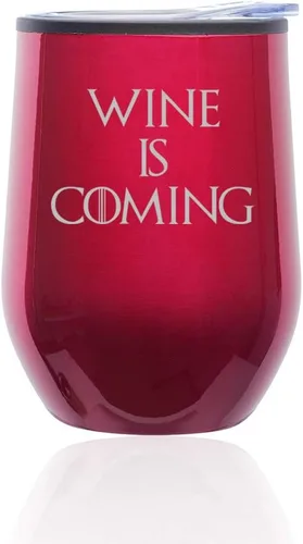 Vista 5 de Vaso de vino sin tallo para café, taza de viaje con tapa Wine Is Coming Funny (azul)