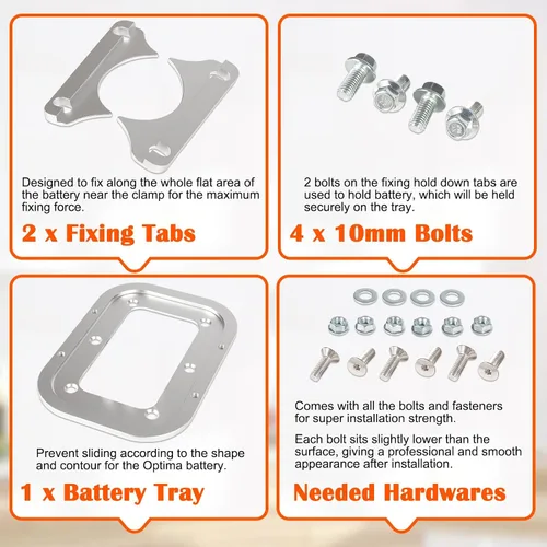 Vista 6 de Paleta de Batería de Aluminio Billet - Soporte de Sujeción de Batería de Maletero Perfectamente Compatible con Bandeja de Baterías Optima