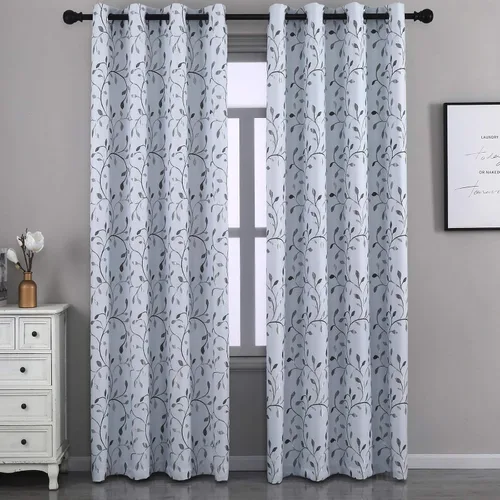 Vista 14 de GYROHOME Cortina opaca floral con bordado de hojas, ojales en la parte superior, aislamiento térmico, oscurecimiento de habitación, ahorro de ruido
