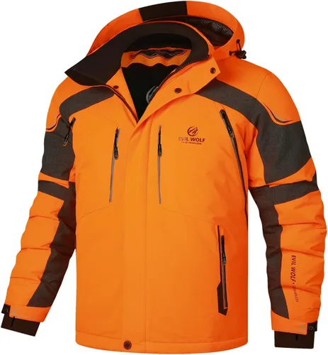 Vista 5 de EVIL WOLF Chaqueta de esquí impermeable para hombre, con capucha y cálida, con múltiples bolsillos, equipo esencial de invierno para esquí