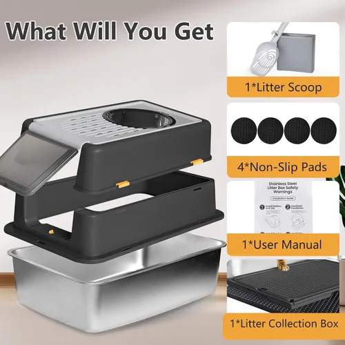 Vista 7 de Caja de arena de acero inoxidable con tapa, diseño XL cerrado antifugas para gatos grandes, sistema de caja de arena de metal antiadherente fácil