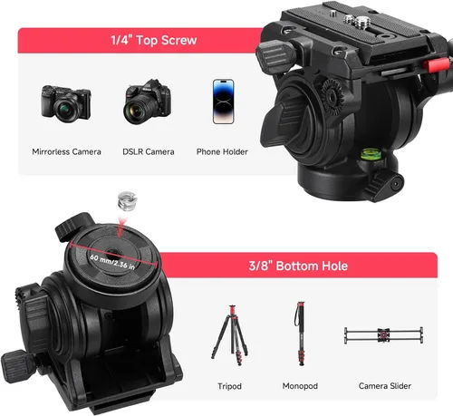 Vista 6 de Avella Cabezal fluido de trípode de video con placa de liberación rápida, ligero y resistente, compatible con Manfrotto, carga máxima de 13.2 lb/6