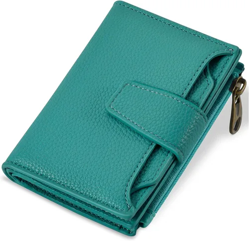 Vista 13 de Airkit Cartera para mujer, pequeña cartera de cuero para mujer, plegable, compacta, con bloqueo RFID, tarjetero de crédito, mini bolso de viaje