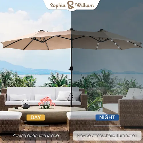 Vista 2 de Sophia & William Sombrilla de patio extragrande de 15 pies con luces solares, sombrilla rectangular para exteriores con base incluida, sombrilla