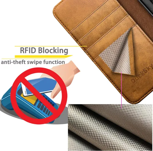 Vista 5 de DuckSky Funda tipo cartera de piel auténtica para iPhone Xs Max [bloqueo RFID] 【4 tarjeteros de crédito】【Cuero auténtico】 Funda protectora para Caqui