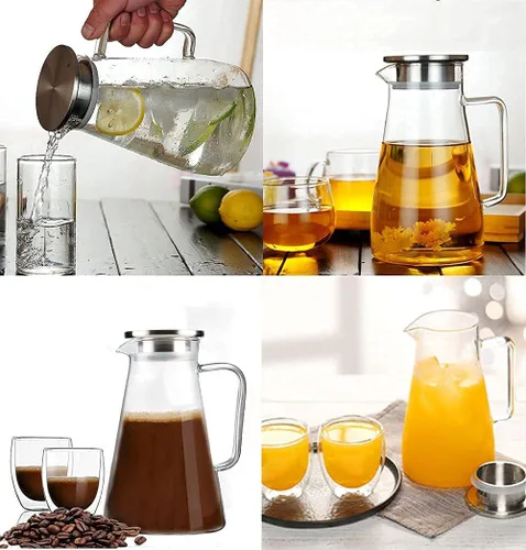 Vista 7 de Jarra de vidrio de borosilicato con tapa, 1.8L/60 onzas, resistente al calor, jarra de agua con asa para refrigerador, jarra grande de té helado