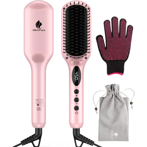 Vista 10 de Cepillo iónico alisador de cabello con resistencia al calor, guante y función de bloqueo de temperatura, 2 en 1, MiroPure Negro