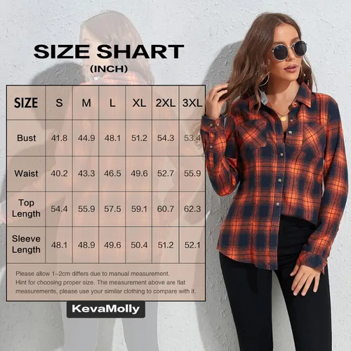 Vista 6 de KevaMolly Camisas de franela de manga larga a cuadros para mujer ajuste holgado camisa con botones blusa casual de franela