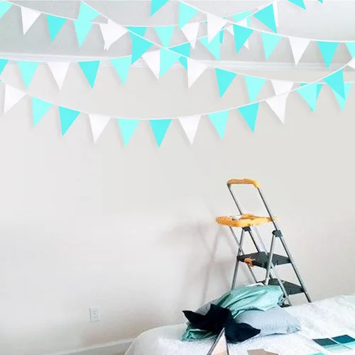 Vista 5 de Pancarta verde aguamarina de 32 pies para decoración de fiesta, bandera triangular, banderines de tela para boda, cumpleaños, compromiso, novia