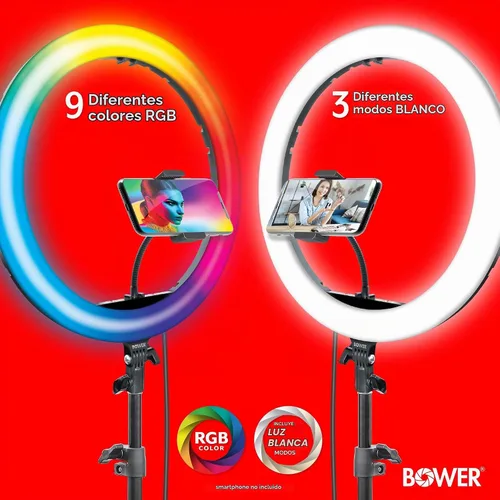 Vista 2 de Bower Anillo de luz con soporte. Luz LED RGB de 16 pulgadas, soporte para teléfono trípode de 62 pulgadas, control remoto inalámbrico, 16 efectos