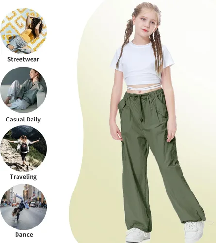 Vista 7 de Rolanko Pantalones de paracaídas para niñas, pantalones cargo Y2K con bolsillos, pantalones deportivos Harajuku para niños de 4 a 14 años