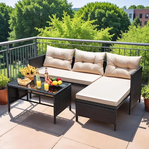 Vista 7 de Devoko - Juego de muebles de patio al aire libre, 3 piezas de sofá seccional de ratán impermeable para todo tipo de clima, sofá en forma de L