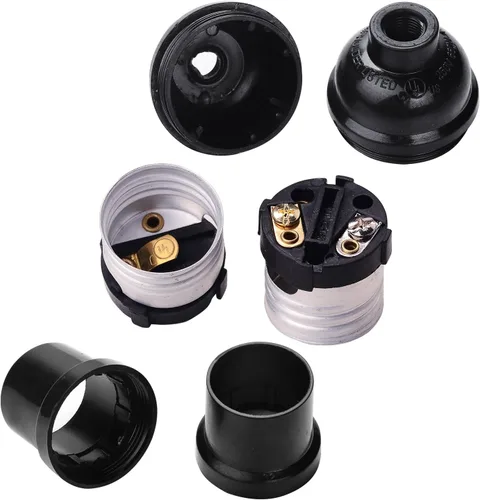 Vista 4 de Enchufe de luz E26 E27, paquete de 8 soportes de lámpara colgante retro Edison color negro, E26 E27, enchufe estándar de plástico, potencia máxima