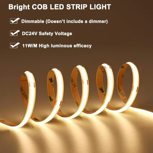 Vista 2 de TOPAI Tira de luces LED COB de 24 V, 3000 K, blanco cálido, 16.4 pies, ultra brillante, 400 lm/ft, sin puntos, CRI>92 480LED/M, alta densidad