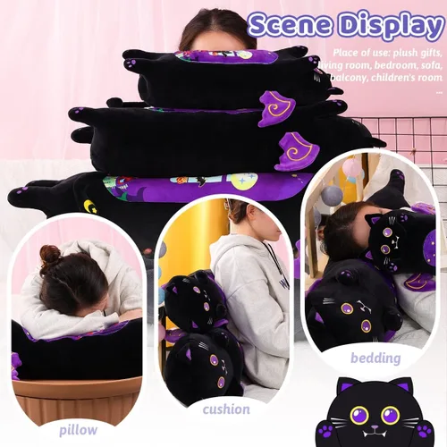 Vista 5 de AIXINI Almohada larga de felpa de gato negro de dibujos animados, suave juguete de peluche de gatito Kawaii para niños (gato gótico, 35.4 pulgadas)