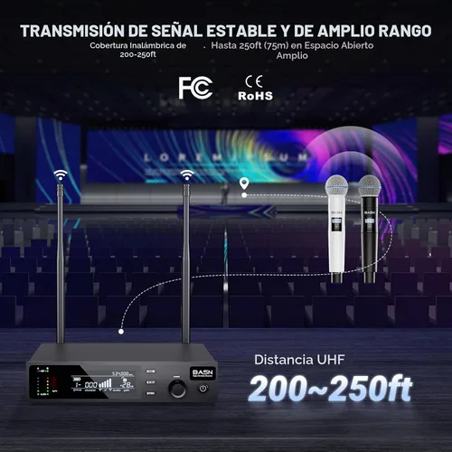 Vista 2 de BASN UHF Sistema de micrófono inalámbrico de mano de doble canal (negro)