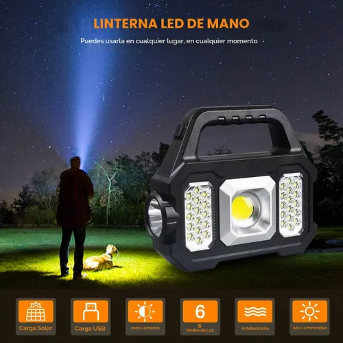 Vista 5 de Linterna Solar de Mano, 1000 Lúmenes Linternas de Mano con Carga Solar o USB, Linternas Portátiles Impermeables Alimentadas por Energía Solar con 6