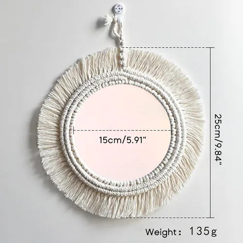 Vista 4 de Espejo de pared de macramé con flecos redondos para dormitorio, apartamento, entradas, decoración del hogar, espejo de pared