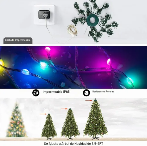 Vista 6 de Luces de cadena para árbol de Navidad con aplicación inteligente Ring, 200 luces LED cascada, impermeables IP65, modos múltiples con mando a