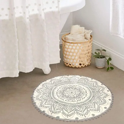 Vista 6 de Uphome Alfombra Redonda Pequeña de 2' Boho Beige y Gris Alfombra de Baño con Pompones y Flecos Lavable Mandala Círculo Tapete de Ducha Suave Mandala