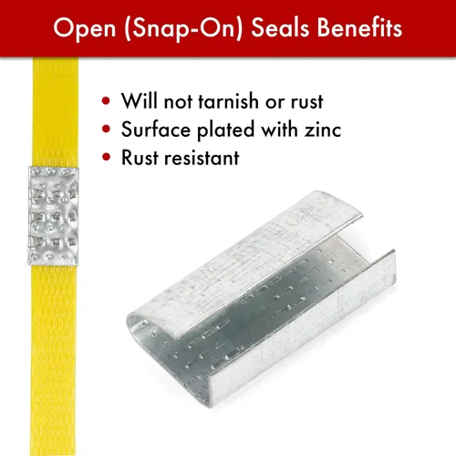Vista 4 de Sellos abiertos para correas de 1/2 pulgada de ancho, clips de metal resistentes con poder de sujeción superior para asegurar embalajes pesados