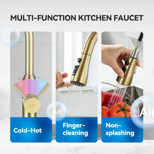 Vista 8 de Grifo de cocina dorado con rociador, grifo de fregadero de cocina de una sola manija con rociador extraíble, bronce champán, Arofa Pull down, 360°