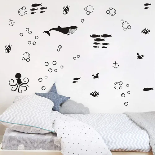 Vista 3 de Juego de calcomanías de pared submarinas, calcomanías de vinilo, calcomanías de burbujas, decoración moderna de habitación de niños, calcomanías