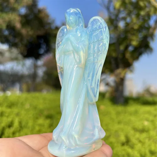 Vista 5 de Estatua de ángel de cristal tallada de 4 pulgadas con piedra lunar opalita, bolsillo de paz, guardián curativo, estatua de ángel de cristal
