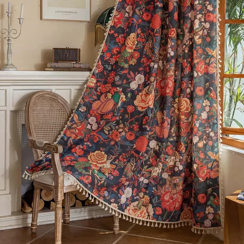 Vista 12 de BHUSB Cortinas rústicas para sala de estar de 63 pulgadas de largo, cortinas de ventana de lino y algodón con estampado floral bohemio, cortinas