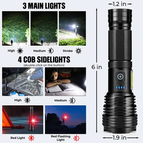 Vista 7 de Linterna Recargable Linternas de Alto Lúmenes, 99,000 LM Linterna LED Brillante Alimentada por Luz Flash, Linternas Recargables USB e Impermeables