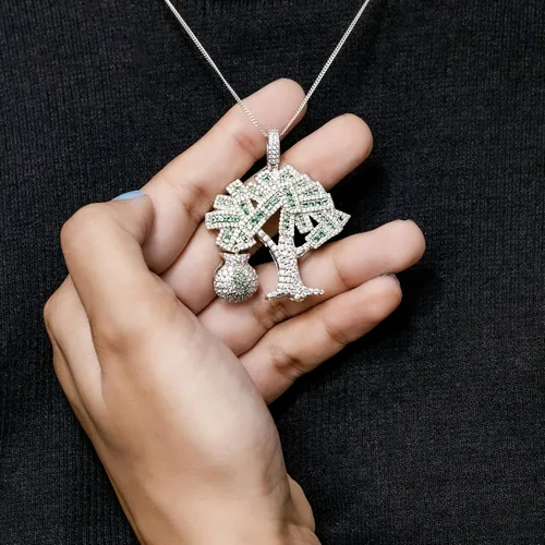 Vista 5 de Octa Pearl - Colgante de circonita cúbica blanca y verde de 3.16 quilates hecho a mano para el árbol del dinero, para mujeres u hombres en plata