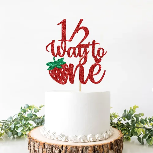 Vista 3 de Decoración de pastel de fresa con la mitad de camino a uno, decoración para pastel de cumpleaños de 6 meses, bayas dulces y medio cumpleaños